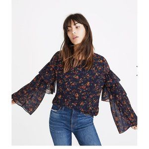 Madewell Navy Blue Ruffle long sleeve floral print top size Medium